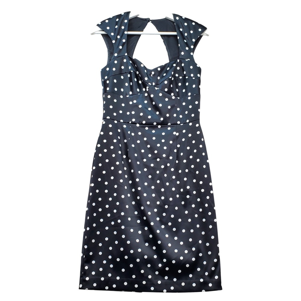 White Black Market Sheath Dress Womens 2 Black Polka Dot Excellent Cutout Back